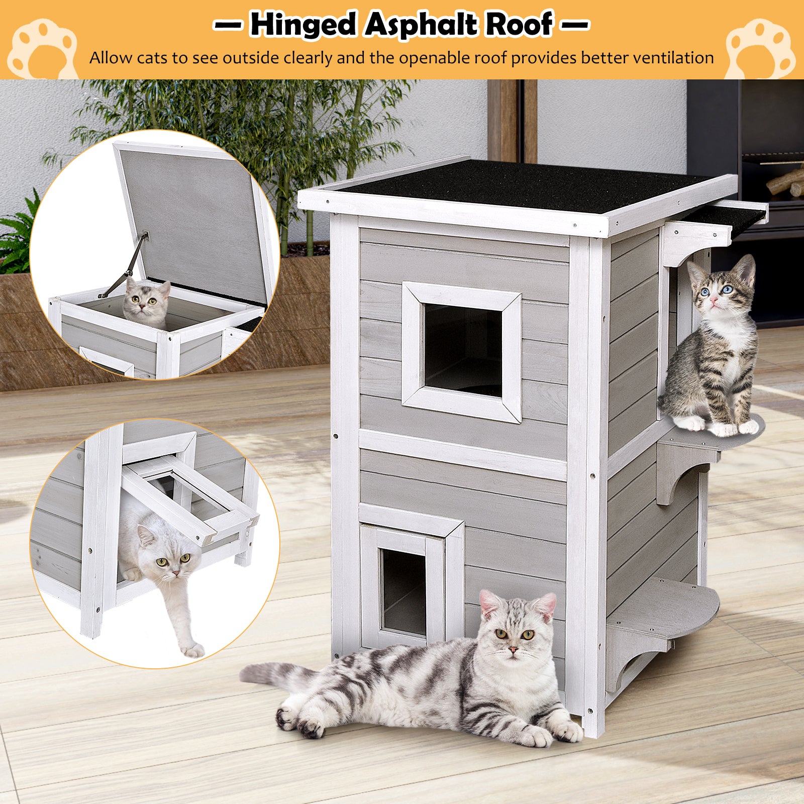 2-Story Wooden Cat House with Escape Door Rainproof, Gray & White Cat Houses at Gallery Canada