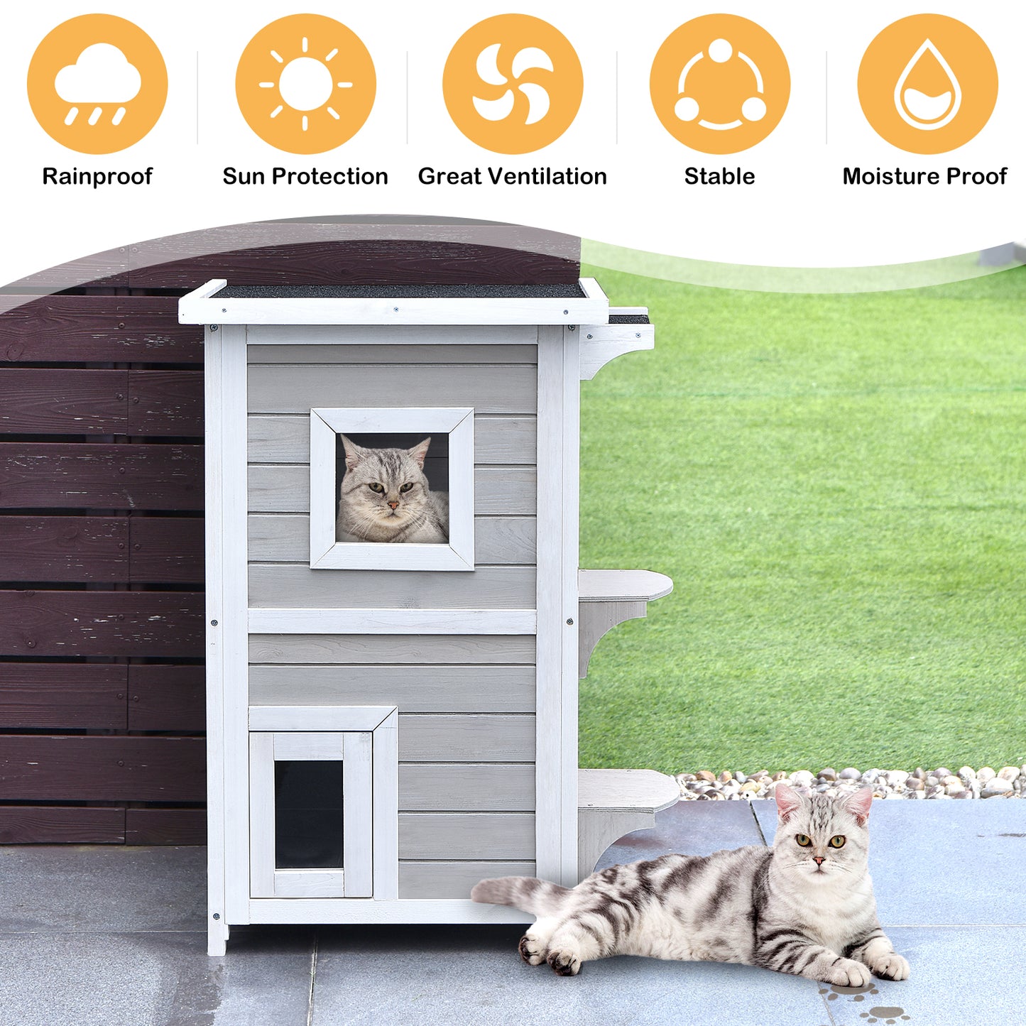 2-Story Wooden Cat House, Rainproof Escape Door, Gray White