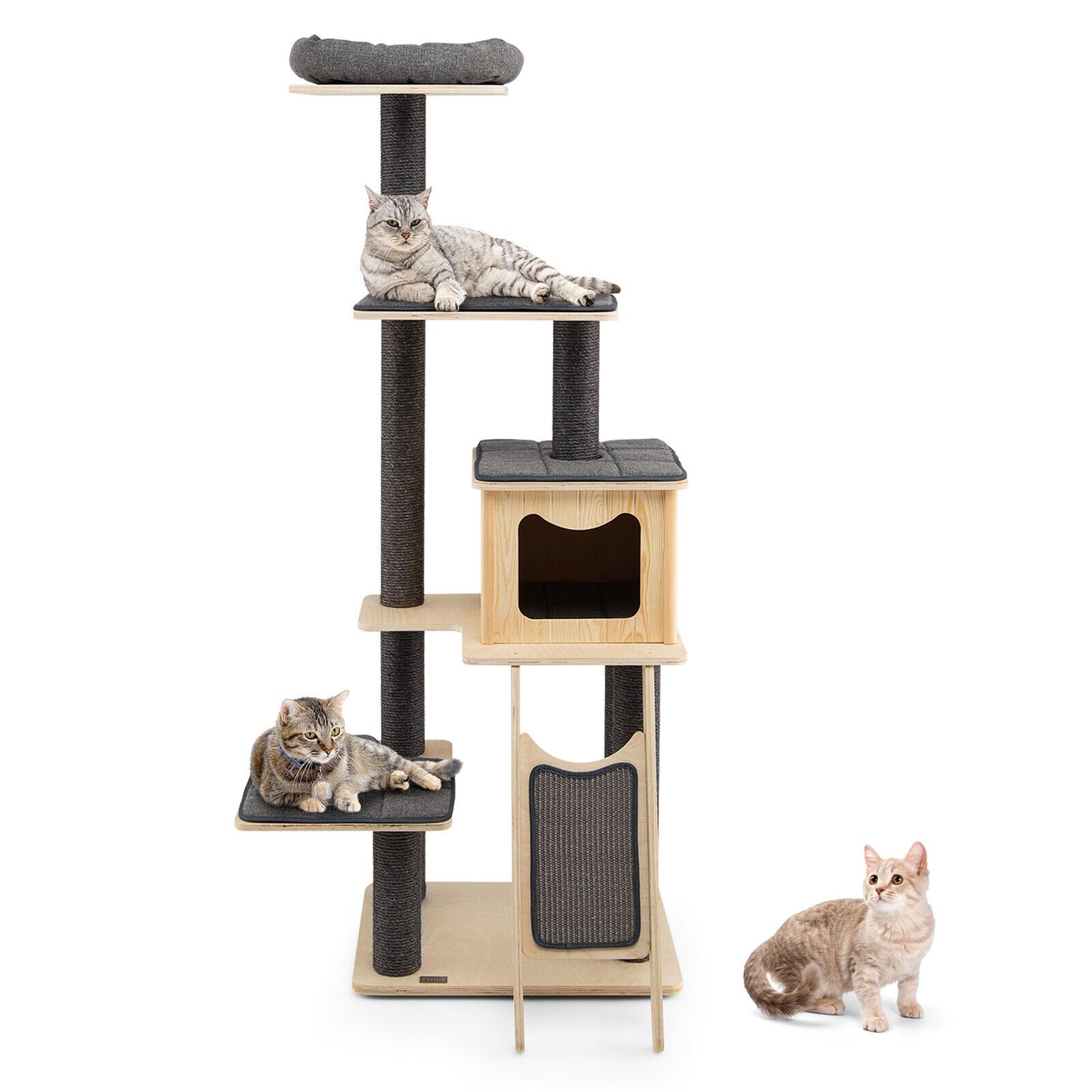 5-Tier Modern Wood Cat Tower with Washable Cushions, Gray Cat Trees Condos & Scratchers at Gallery Canada