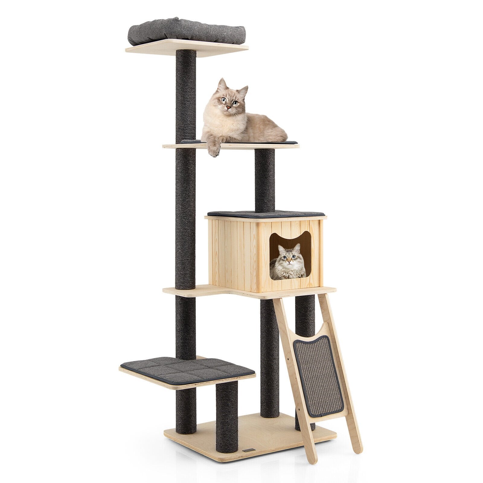5-Tier Modern Wood Cat Tower with Washable Cushions, Gray - Gallery Canada