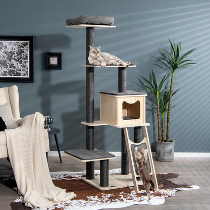 5-Tier Modern Wood Cat Tower with Washable Cushions, Gray Cat Trees Condos & Scratchers at Gallery Canada