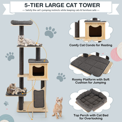 5-Tier Modern Wood Cat Tower with Washable Cushions, Gray Cat Trees Condos & Scratchers at Gallery Canada