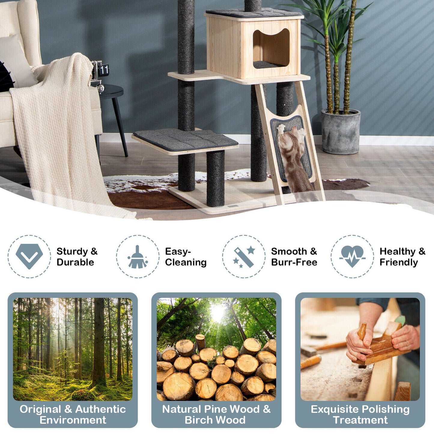 5-Tier Modern Wood Cat Tower with Washable Cushions, Gray - Gallery Canada
