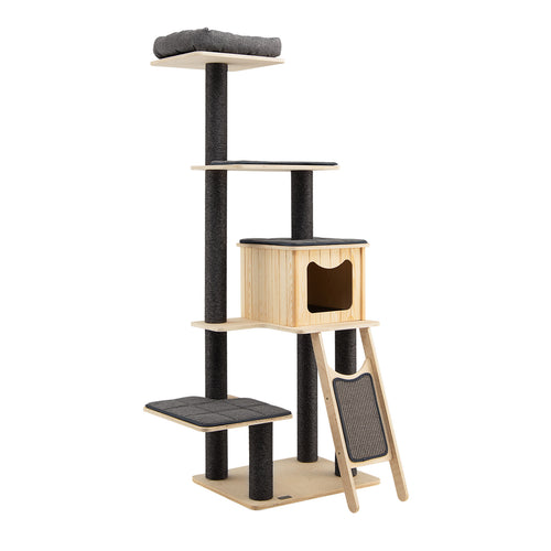 5-Tier Modern Wood Cat Tower with Washable Cushions, Gray