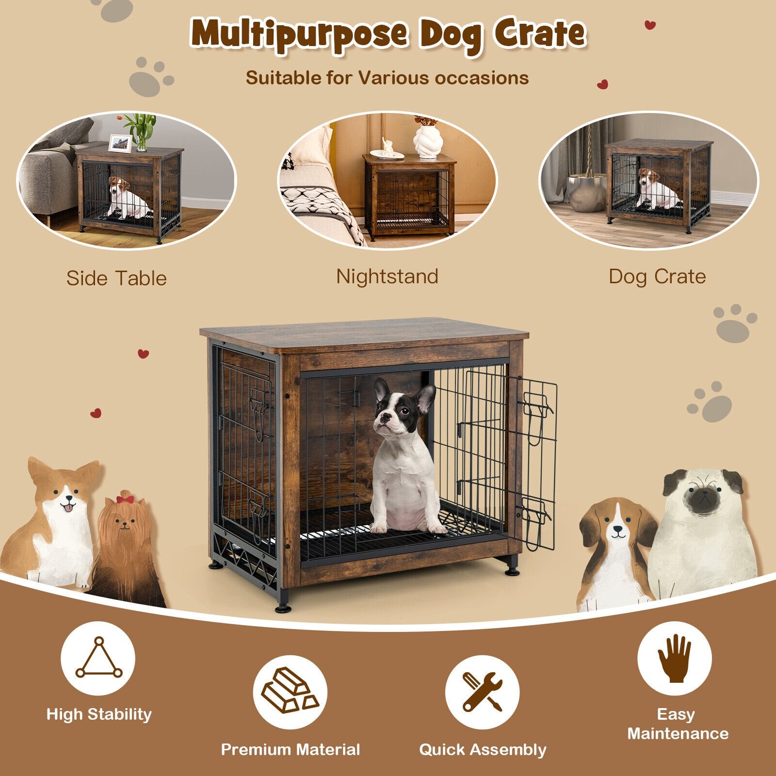 Wooden Dog Crate Furniture with Tray and Double Door, Brown at Gallery Canada