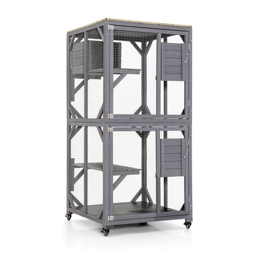 Outdoor Cat House Enclosures on Wheels Kitten Cages with Resting Box, Gray