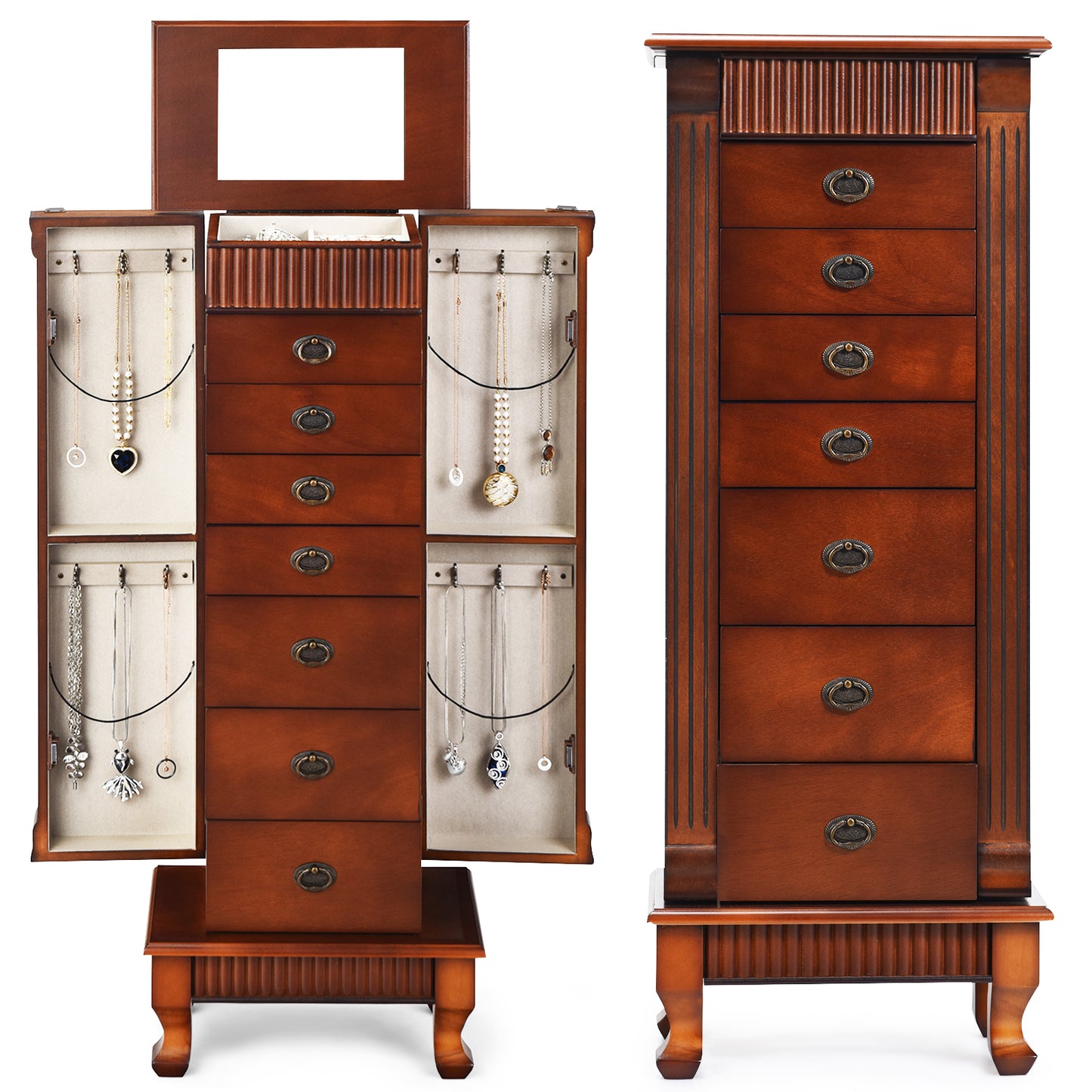 Wooden Jewelry Armoire Cabinet Storage Chest with Drawers and Swing Doors, Brown Jewelry Armoires at Gallery Canada