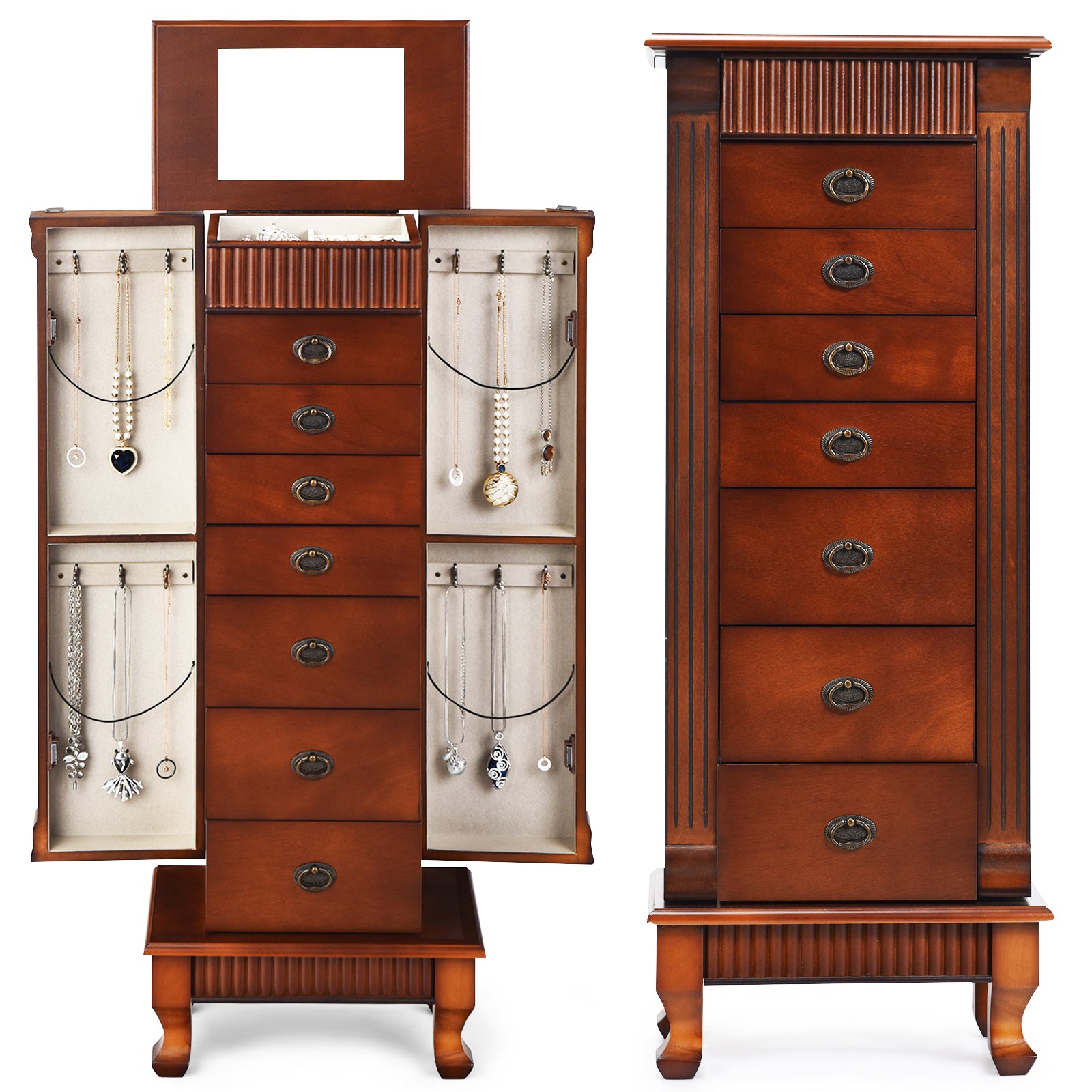 Wooden Jewelry Armoire Cabinet Storage Chest with Drawers and Swing Doors, Brown Jewelry Armoires at Gallery Canada