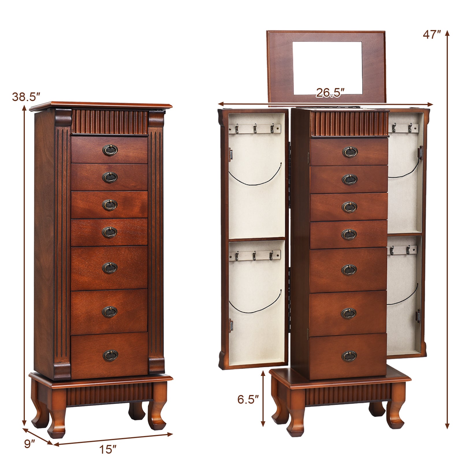 Wooden Jewelry Armoire Cabinet Storage Chest with Drawers and Swing Doors, Brown Jewelry Armoires at Gallery Canada