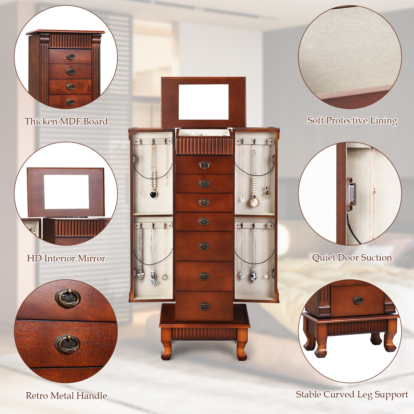 Wooden Jewelry Armoire Cabinet Storage Chest with Drawers and Swing Doors, Brown Jewelry Armoires at Gallery Canada