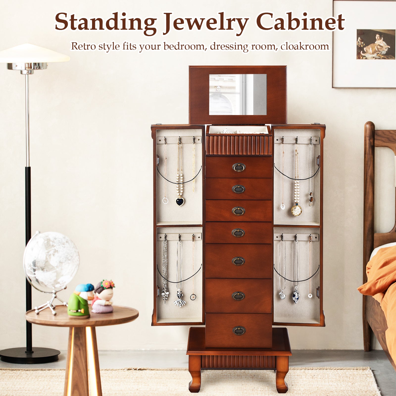Wooden Jewelry Armoire Cabinet Storage Chest with Drawers and Swing Doors, Brown Jewelry Armoires at Gallery Canada