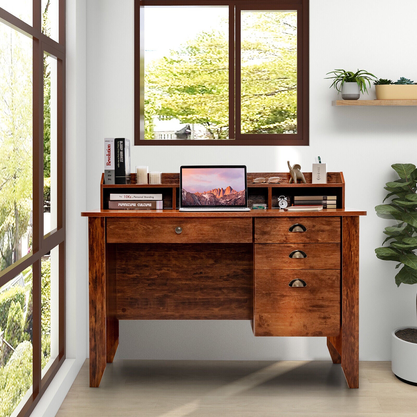 Vintage Computer Desk with Storage Shelves and 4 Drawers, Rustic Brown Computer Desks at Gallery Canada