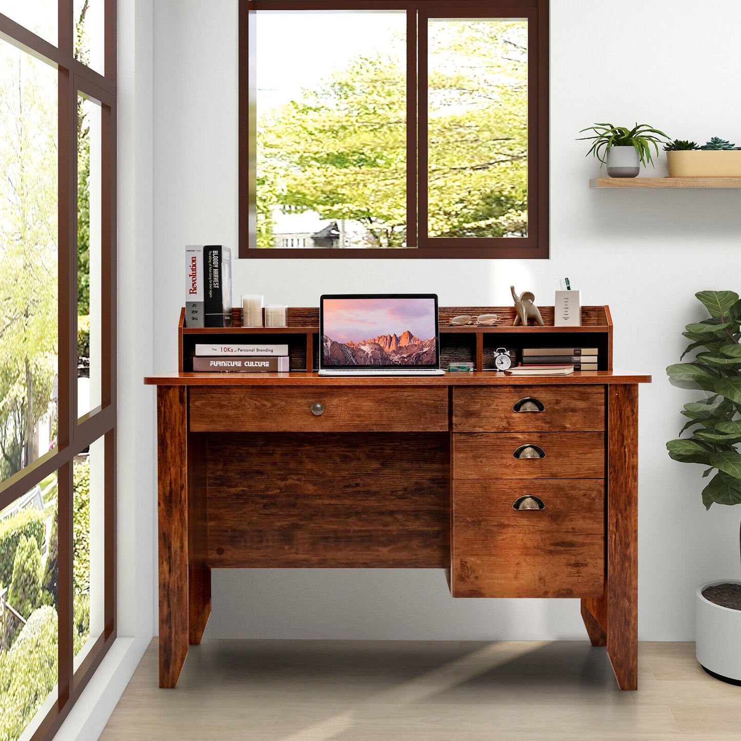 Vintage Computer Desk with Storage Shelves and 4 Drawers, Rustic Brown Computer Desks at Gallery Canada