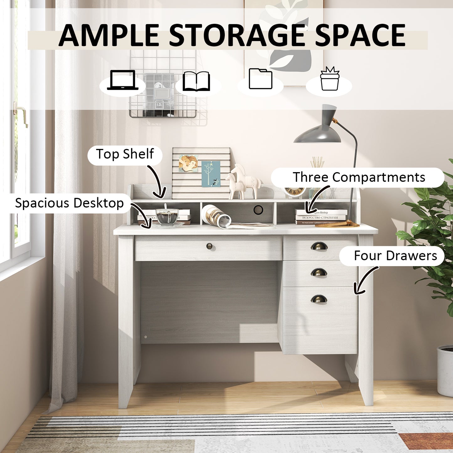 Vintage Computer Desk with Storage Shelves and 4 Drawers, White Computer Desks at Gallery Canada