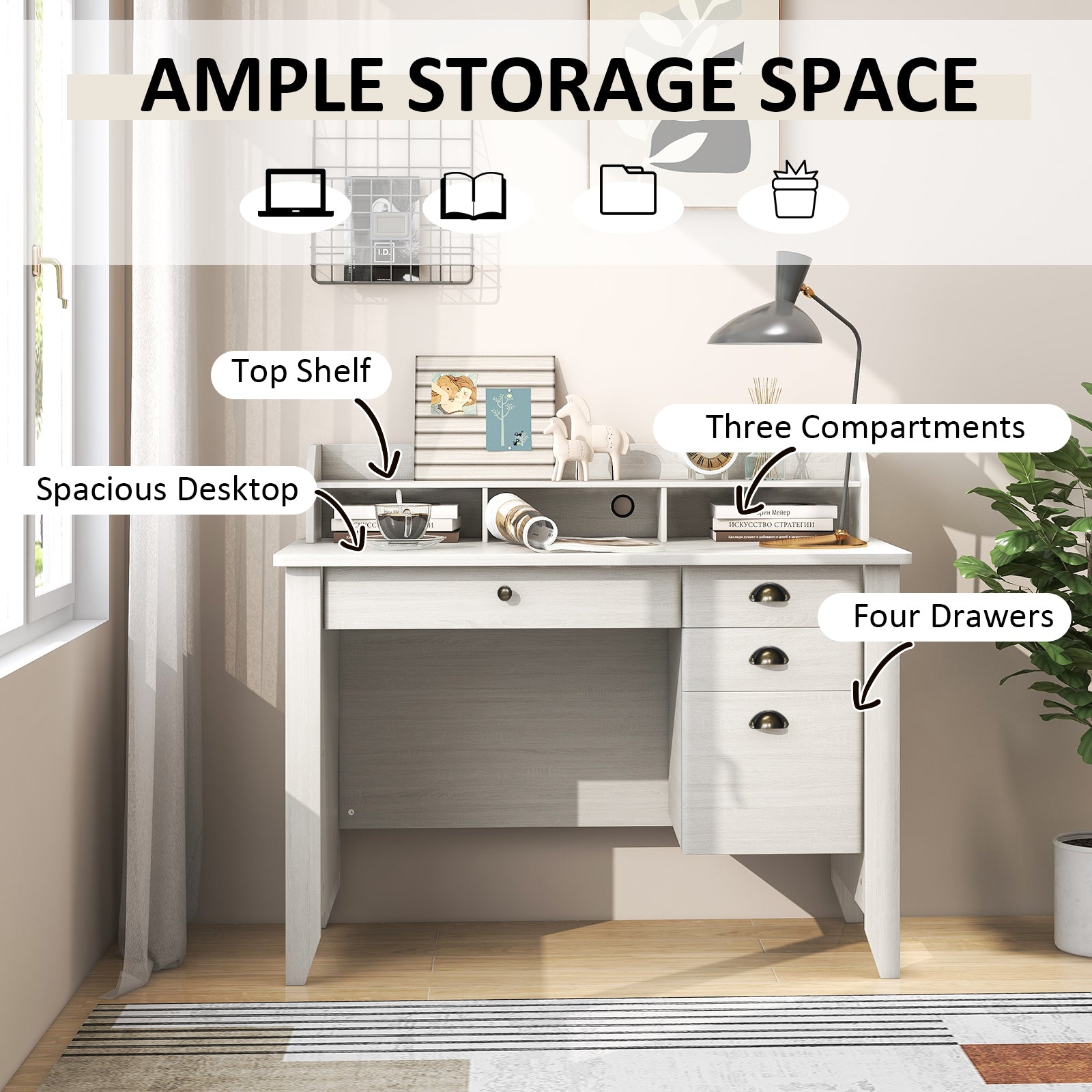Vintage Computer Desk with Storage Shelves and 4 Drawers, White Computer Desks at Gallery Canada