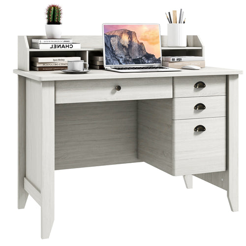 Vintage Computer Desk With Storage Shelves And 4 Drawers, White
