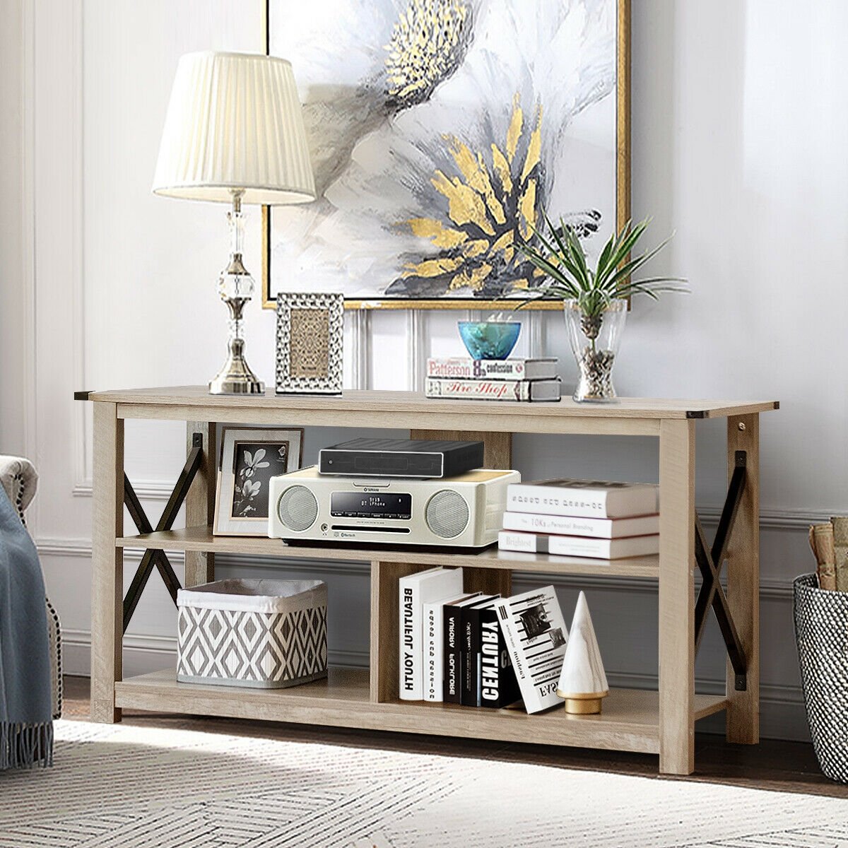Modern Farmhouse TV Stand Entertainment Center for TV's up to 55-Inch with Open Shelves, Gray - Gallery Canada