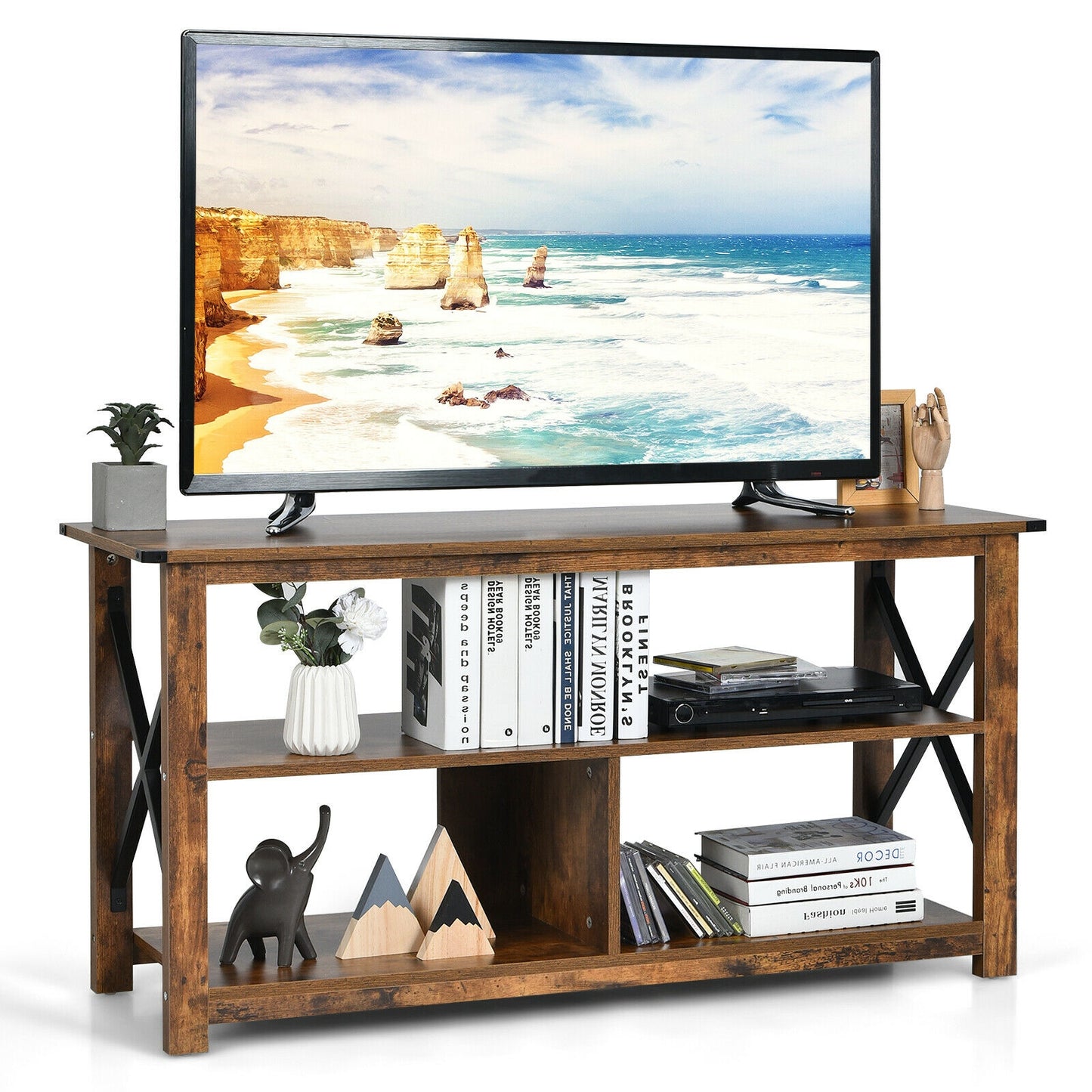 Modern Farmhouse TV Stand, 55-Inch, Open Shelves, Brown Entertainment Centers & TV Stands at Gallery Canada