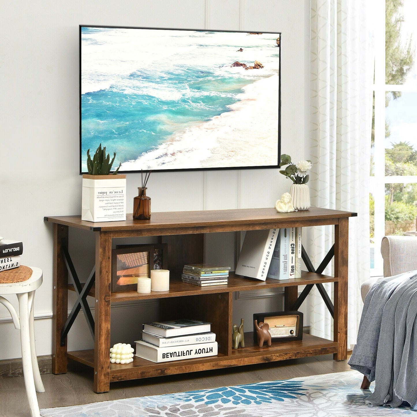 Modern Farmhouse TV Stand, 55-Inch, Open Shelves, Brown Entertainment Centers & TV Stands at Gallery Canada