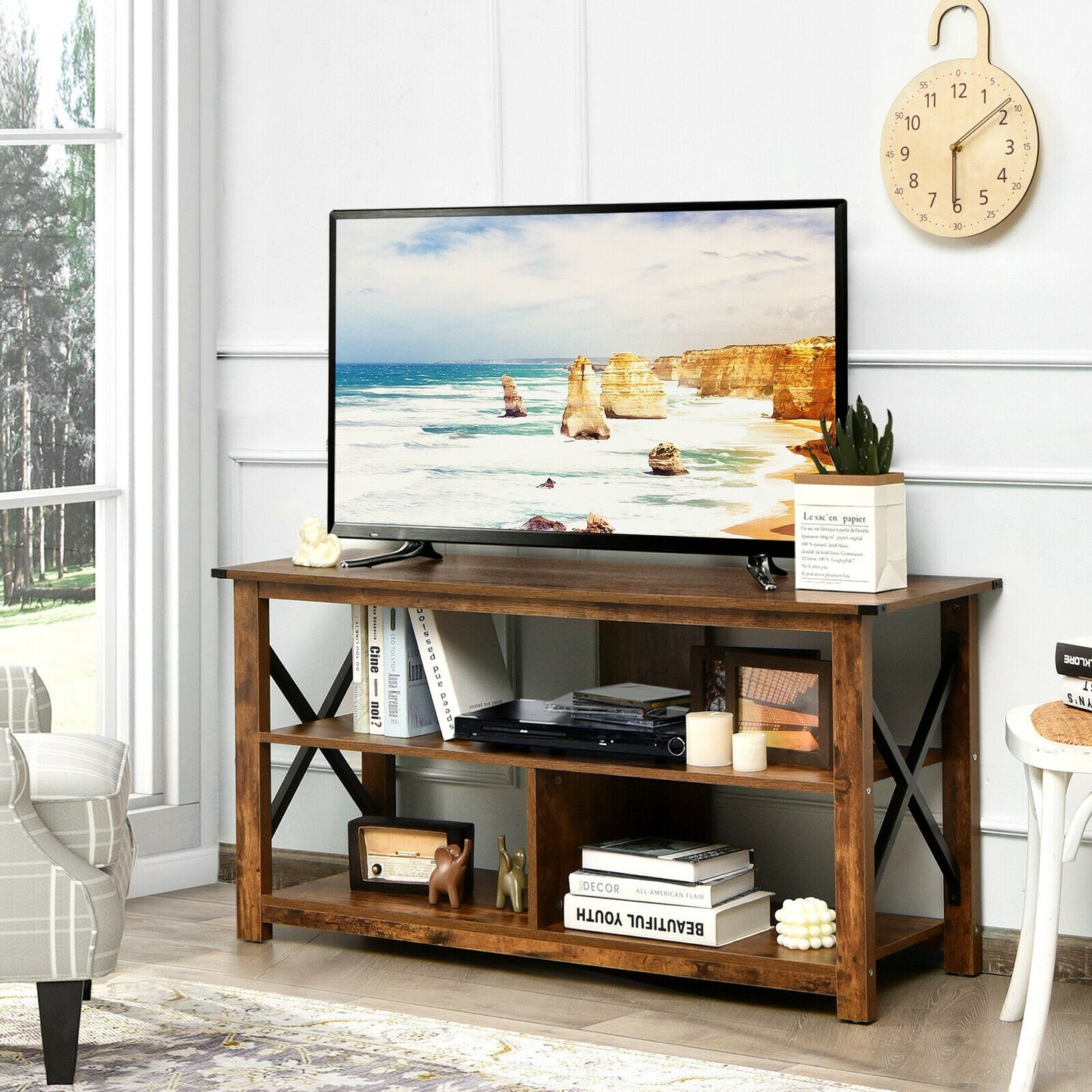 Modern Farmhouse TV Stand, 55-Inch, Open Shelves, Brown Entertainment Centers & TV Stands at Gallery Canada