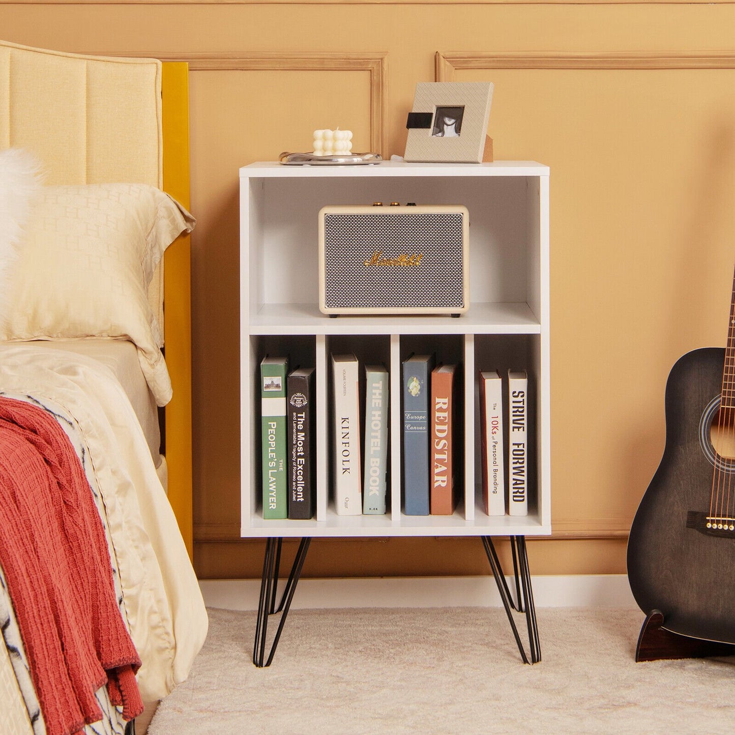 Freestanding Record Player Stand Record Storage Cabinet with Metal Legs, White - Gallery Canada