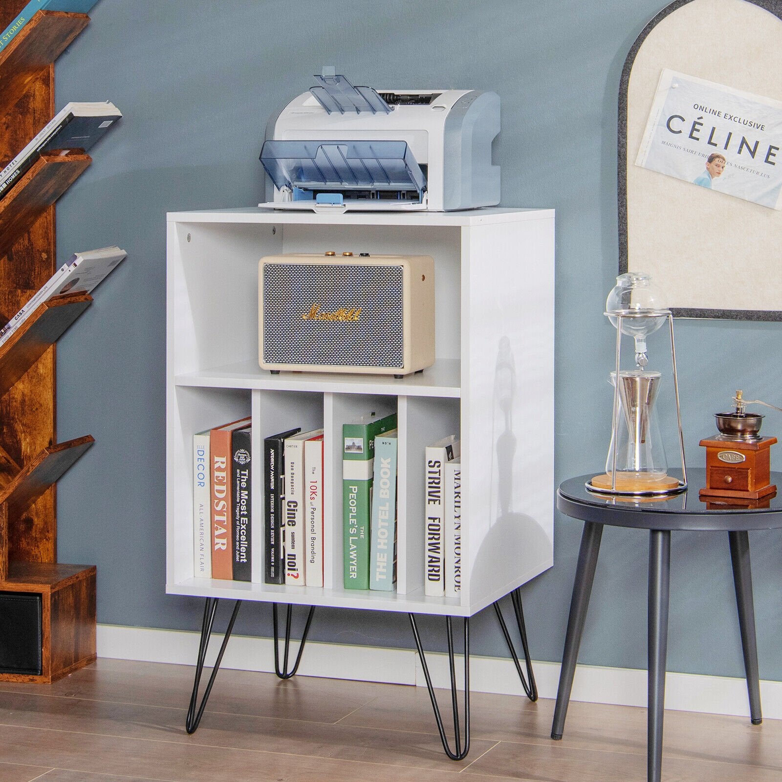 Freestanding Record Player Stand Record Storage Cabinet with Metal Legs, White - Gallery Canada