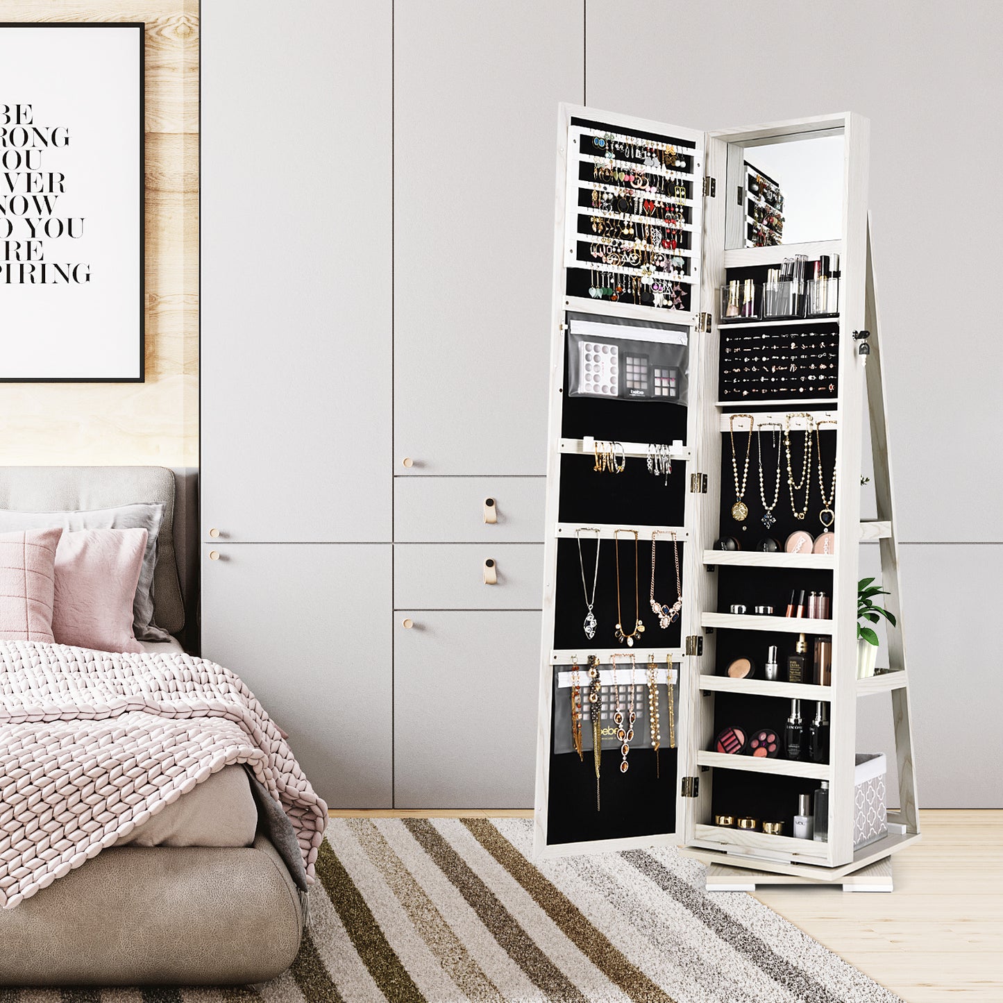 Rotatable 2-in-1 Lockable Jewelry Cabinet, Full-Length Mirror, White Jewelry Armoires at Gallery Canada