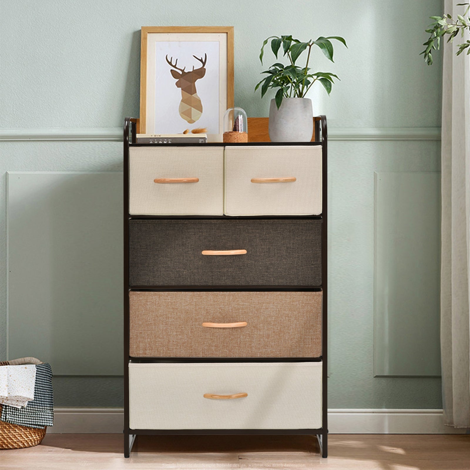 4-Tier Organizer Tower Steel Frame Wooden Top Storage with 5-Drawer Dresser-Muticolor, Multicolor Dressers & Chests at Gallery Canada