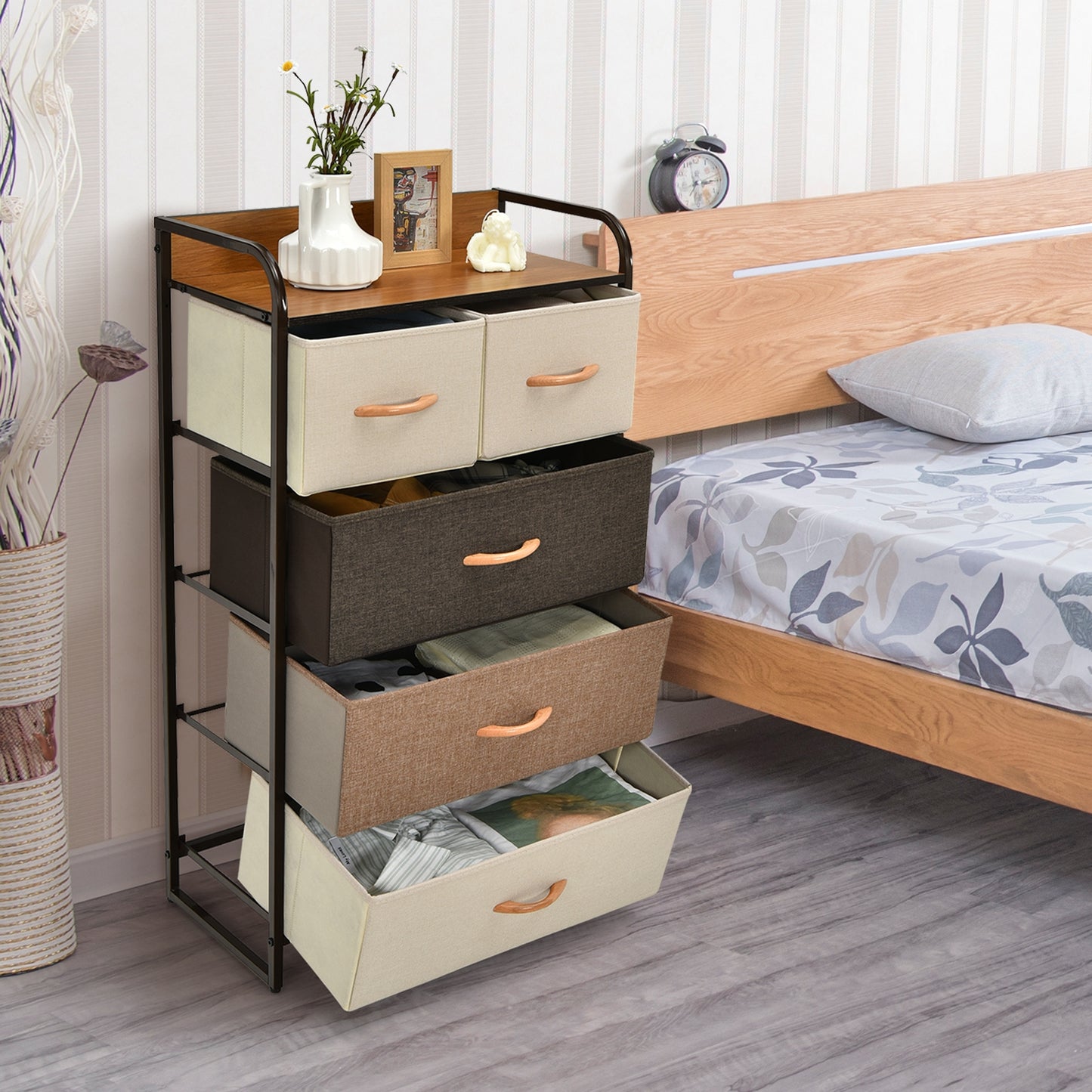 4-Tier Organizer Tower Steel Frame Wooden Top Storage with 5-Drawer Dresser-Muticolor, Multicolor Dressers & Chests at Gallery Canada
