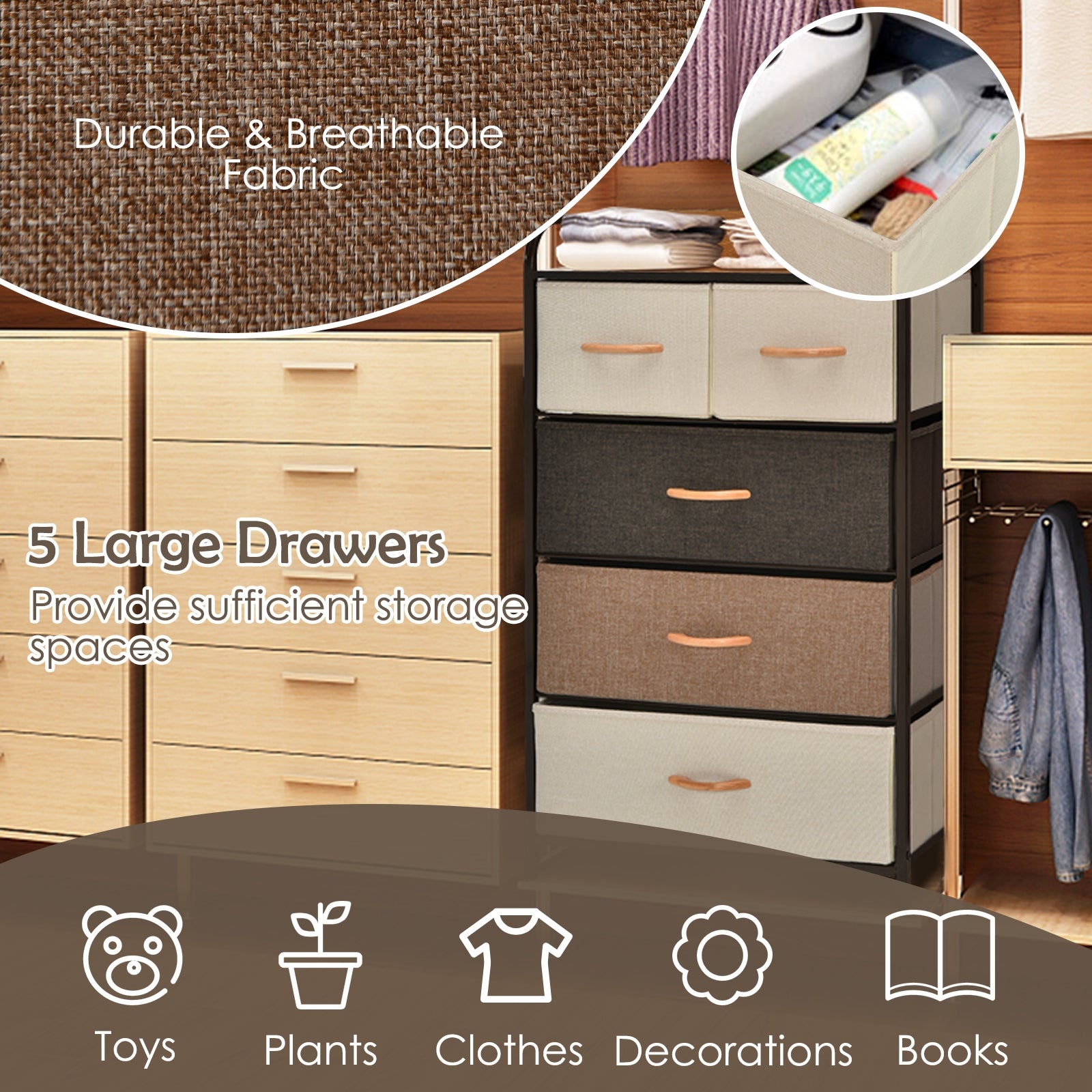 4-Tier Organizer Tower Steel Frame Wooden Top Storage with 5-Drawer Dresser-Muticolor, Multicolor Dressers & Chests at Gallery Canada