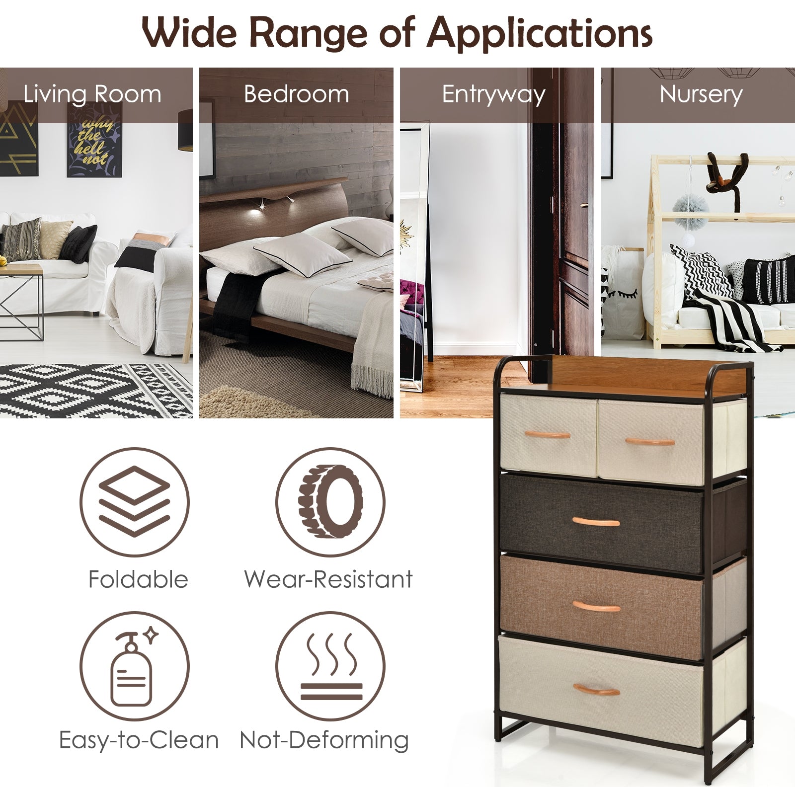 4-Tier Organizer Tower Steel Frame Wooden Top Storage with 5-Drawer Dresser-Muticolor, Multicolor Dressers & Chests at Gallery Canada