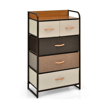 4-Tier Organizer Tower Steel Frame Wooden Top Storage with 5-Drawer Dresser, Multicolor