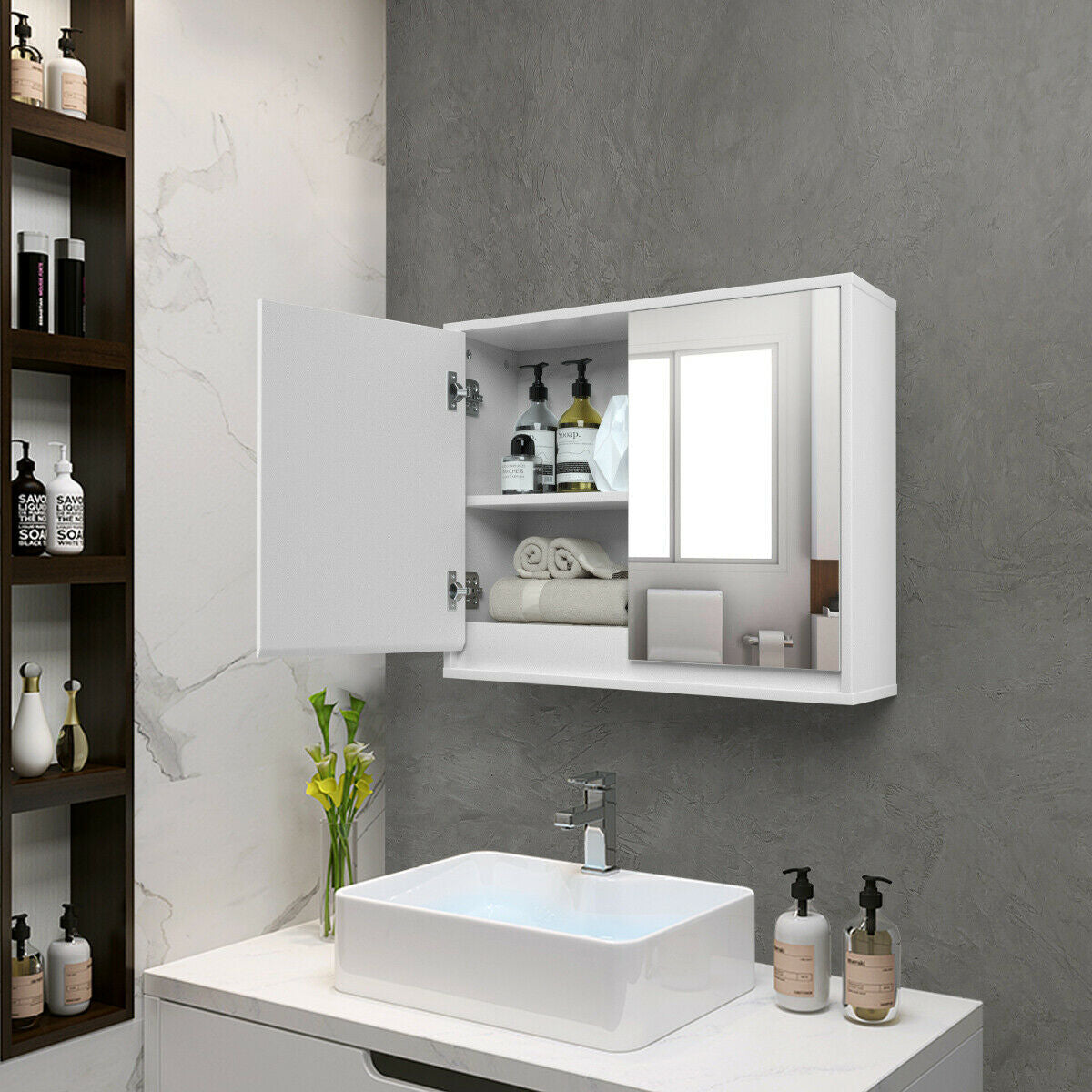 2-Door Wall-Mounted Bathroom Mirrored Medicine Cabinet, White Wall Cabinets at Gallery Canada