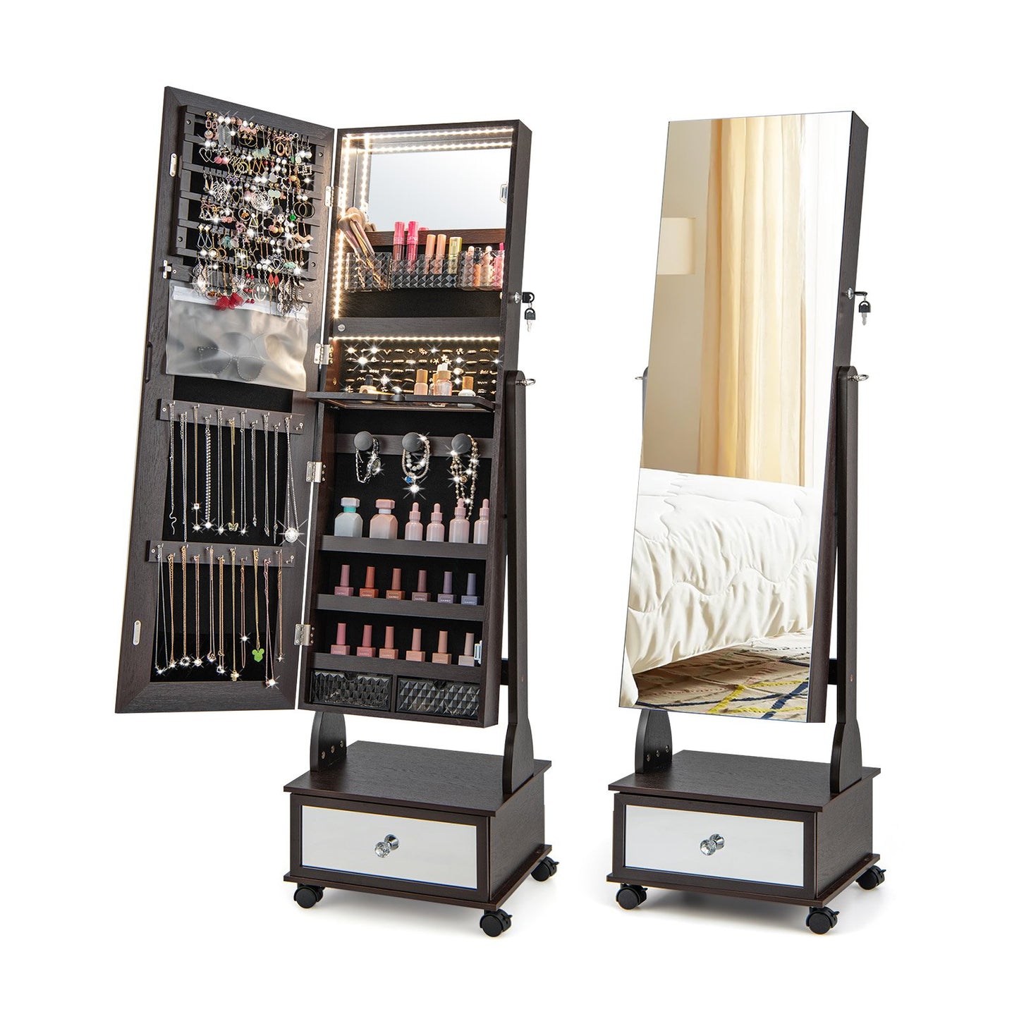 47 Inch Lockable Jewelry Cabinet Armoire with 3-Color LED Lights, Brown at Gallery Canada