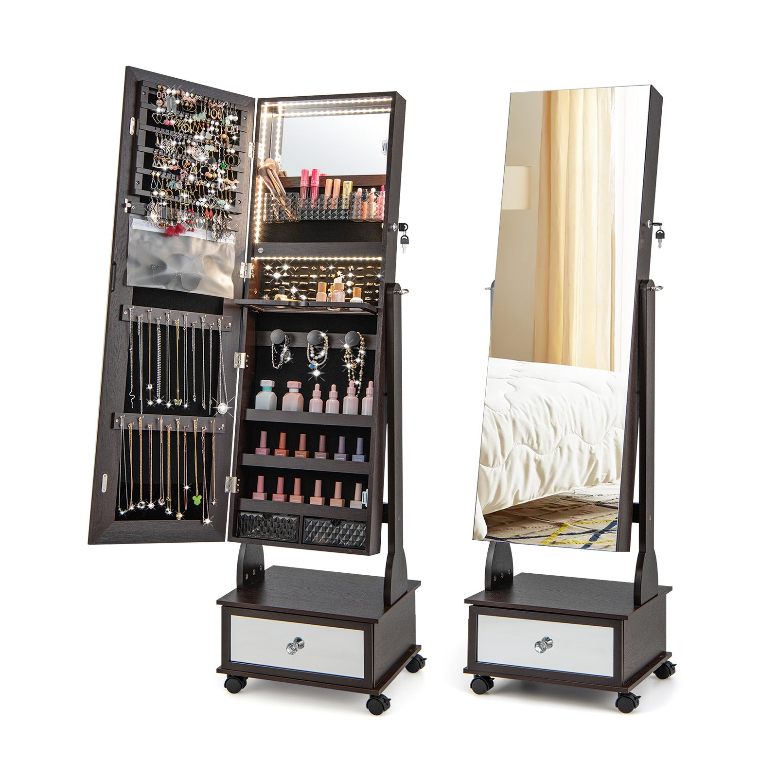 47 Inch Lockable Jewelry Cabinet, With 3-Color LED Lights, Brown Jewelry Armoires Brown at Gallery Canada