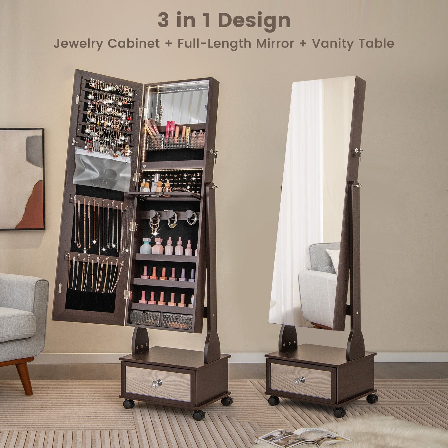47 Inch Lockable Jewelry Cabinet Armoire with 3-Color LED Lights, Brown at Gallery Canada