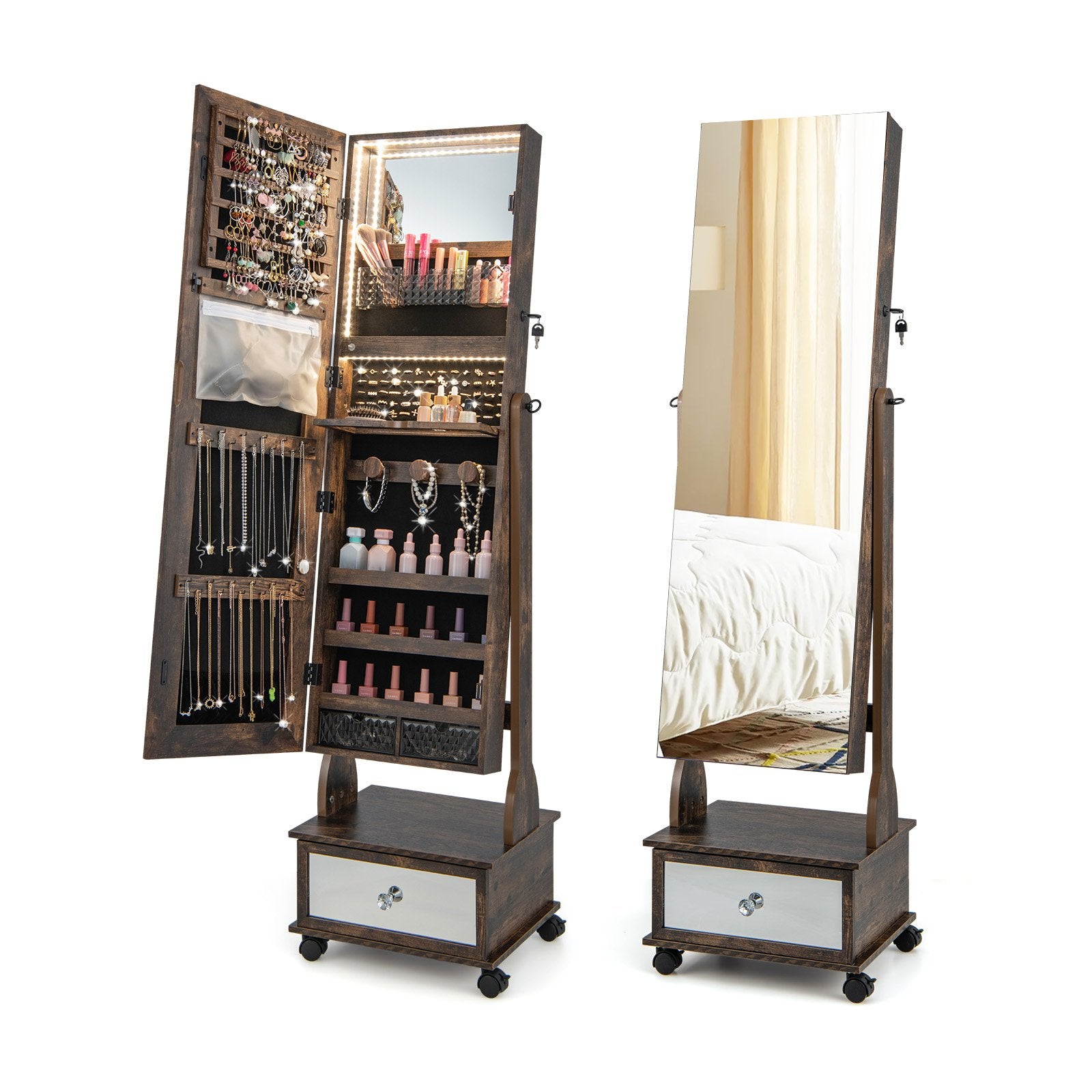 47 Inch Lockable Jewelry Cabinet Armoire with 3-Color LED Lights, Rustic Brown at Gallery Canada