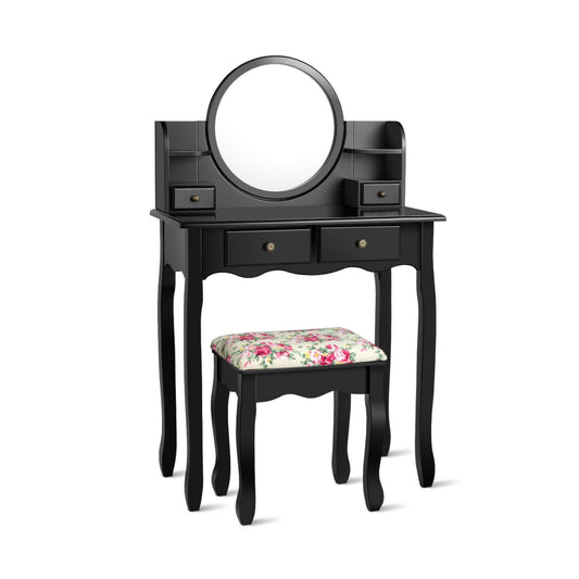 Makeup Vanity Table Set Girls Dressing Table with Drawers Oval Mirror, Black Makeup Vanities Black at Gallery Canada