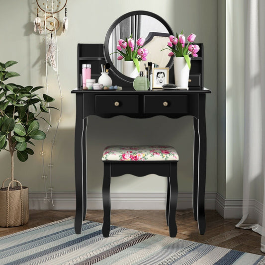 Makeup Vanity Table Set Girls Dressing Table with Drawers Oval Mirror, Black - Gallery Canada