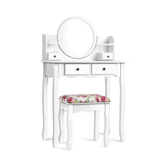 Makeup Vanity Table Set Girls Dressing Table with Drawers Oval Mirror, White - Gallery Canada