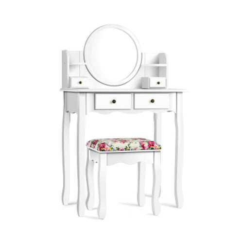 Makeup Vanity Table Set With Drawers, Oval Mirror, White