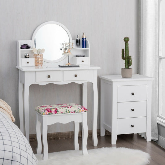 Makeup Vanity Table Set Girls Dressing Table with Drawers Oval Mirror, White - Gallery Canada