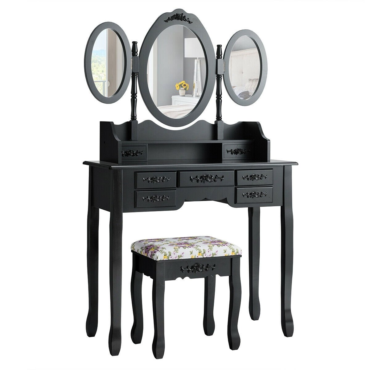 7 Drawer Tri-Folding Mirror Dressing Vanity Makeup Set, Black - Gallery Canada