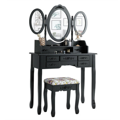 7 Drawer Tri-Folding Mirror Dressing Vanity Makeup Set, Black - Gallery Canada