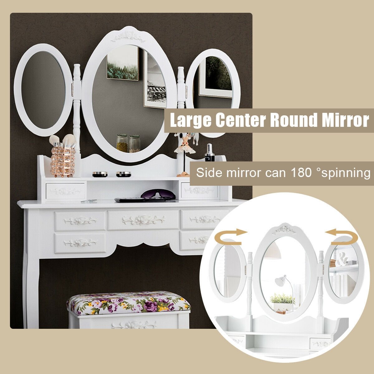 Vanity Set with Tri-Folding Mirror and Cushioned Stool, White - Gallery Canada