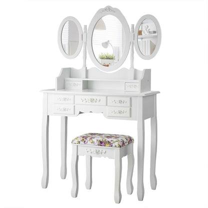 Vanity Set with Tri-Folding Mirror and Cushioned Stool, White - Gallery Canada