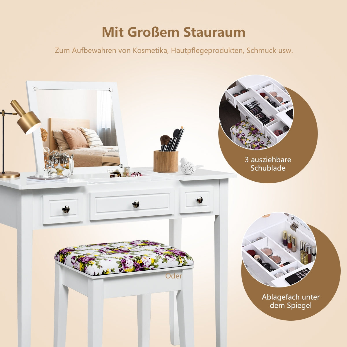 Vanity Dressing Table Set with Flip Top Mirror and 3 Drawers, White Makeup Vanities at Gallery Canada