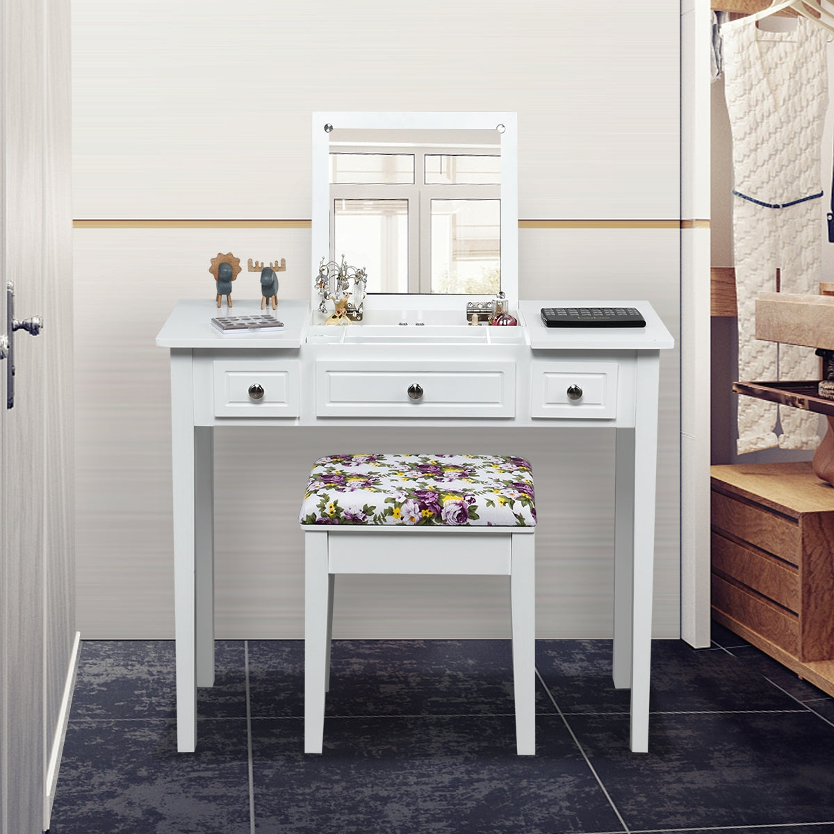 Vanity Dressing Table Set with Flip Top Mirror and 3 Drawers, White Makeup Vanities at Gallery Canada