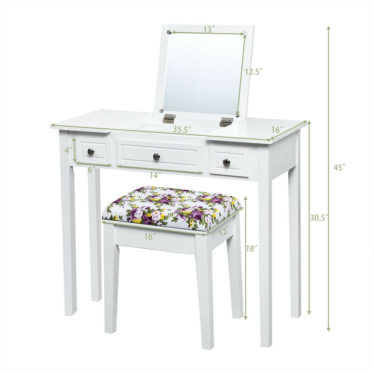 Vanity Dressing Table Set with Flip Top Mirror and 3 Drawers, White Makeup Vanities at Gallery Canada