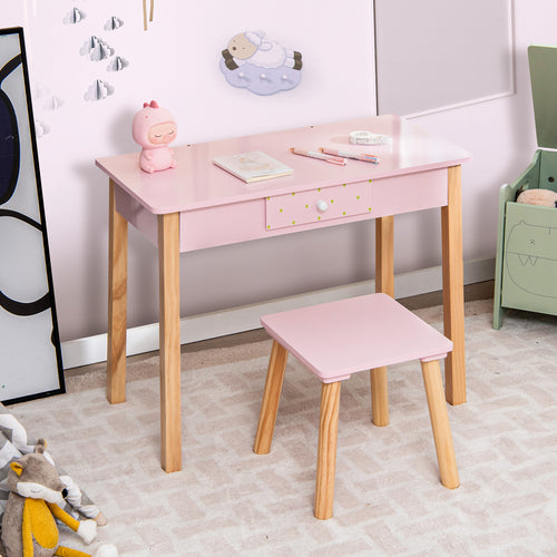 2-in-1 Children Vanity Table Stool Set with Mirror, Pink